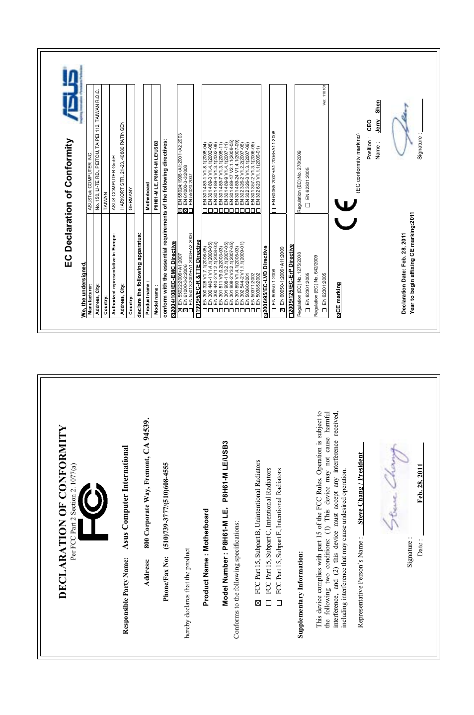 Declaration of conformity, Ec declaration of conformity, Asu s c om pu te r in te rn at io na l | Asus P8H61-M LE/USB3 User Manual | Page 68 / 68