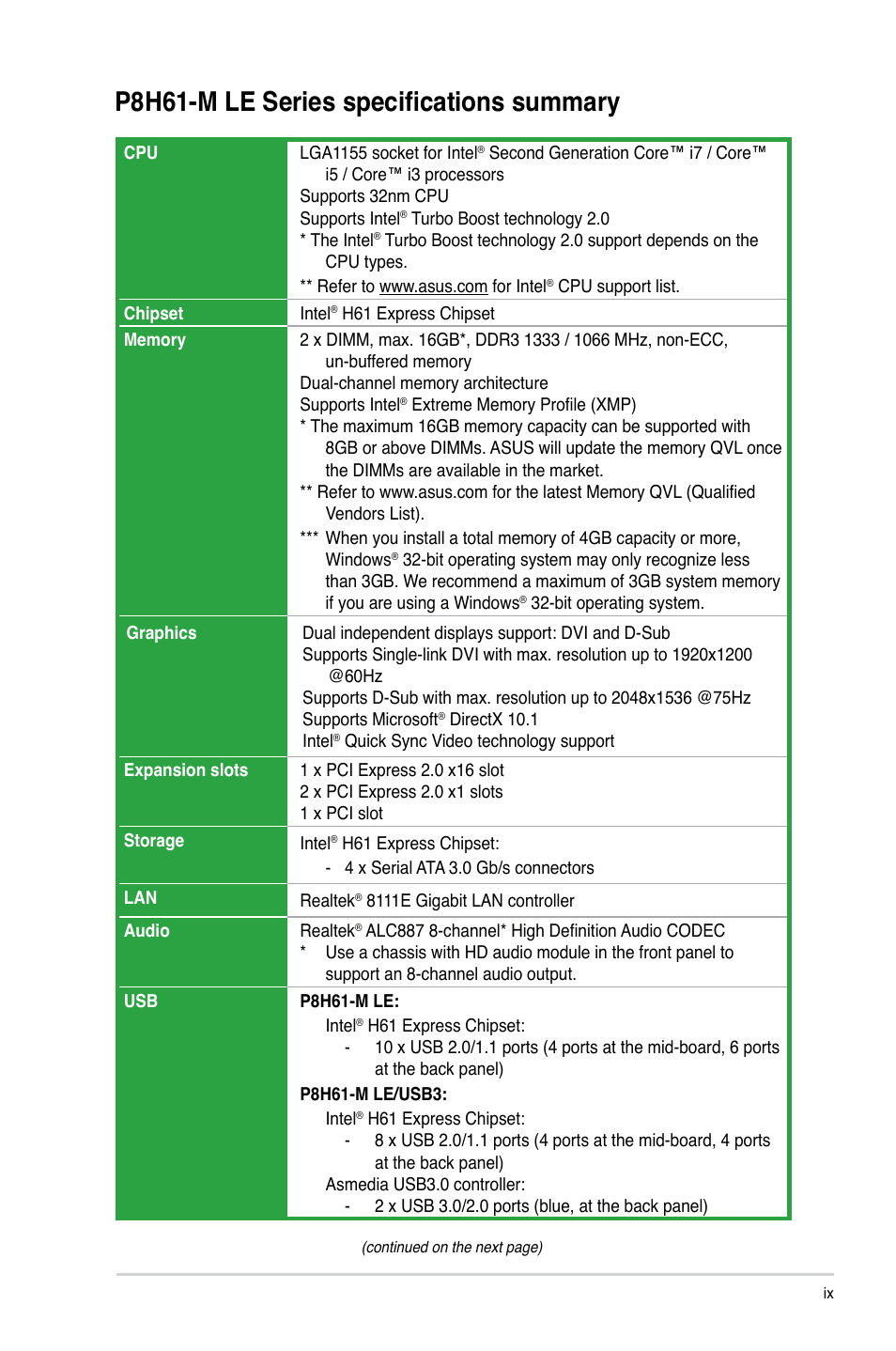 P8h61-m le series specifications summary | Asus P8H61-M LE/USB3 User Manual | Page 9 / 68