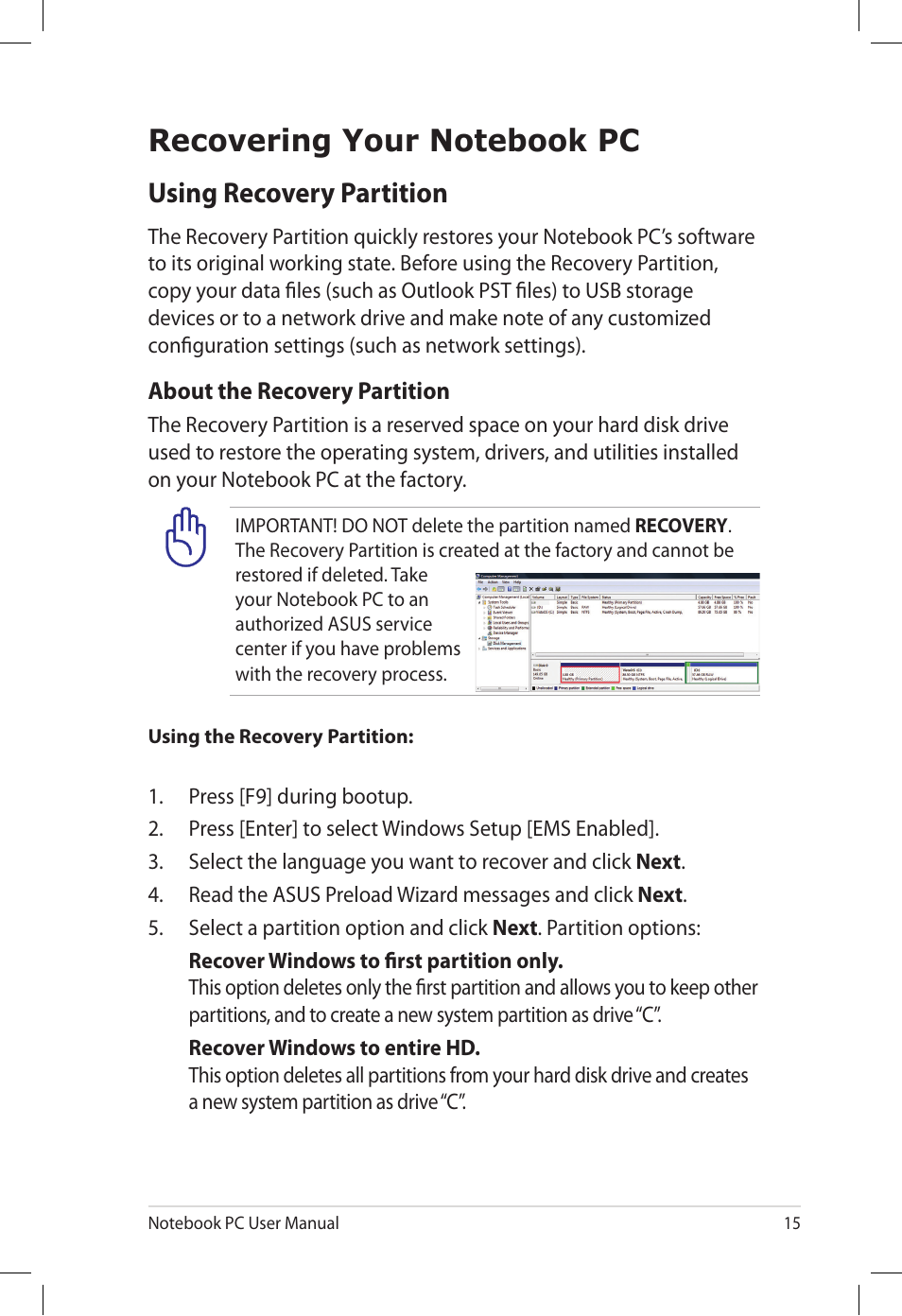 Recovering your notebook pc, Using recovery partition | Asus U53Jc User Manual | Page 15 / 28