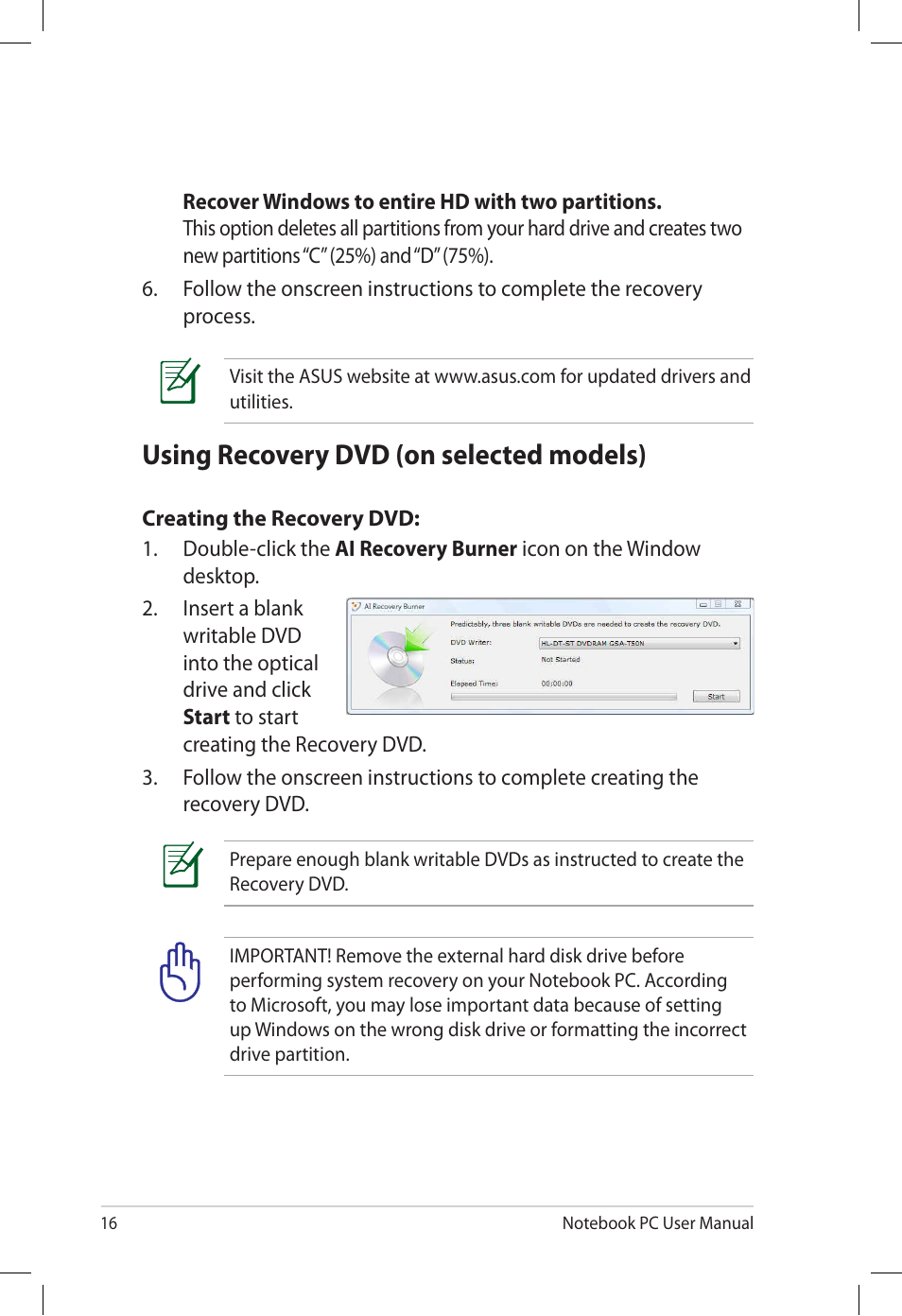 Using recovery dvd (on selected models) | Asus U53Jc User Manual | Page 16 / 28