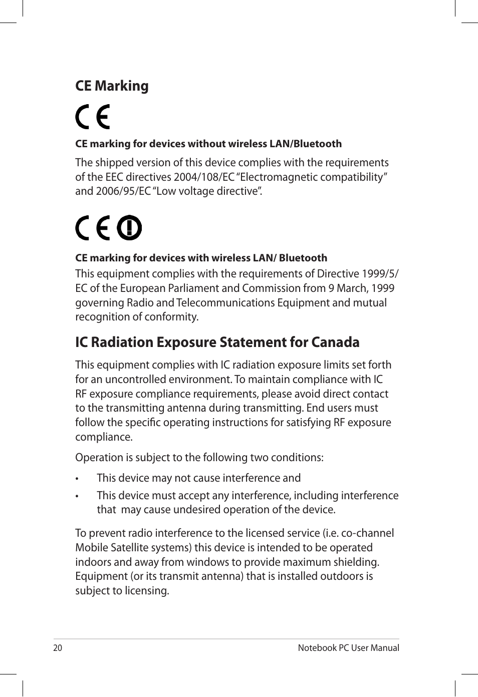 Ce marking, Ic radiation exposure statement for canada | Asus U53Jc User Manual | Page 20 / 28