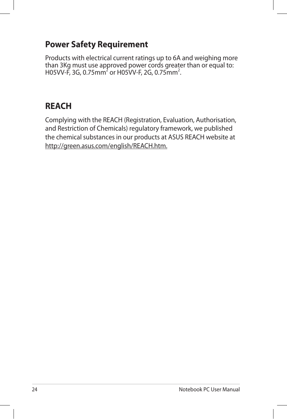 Power safety requirement, Reach | Asus U53Jc User Manual | Page 24 / 28