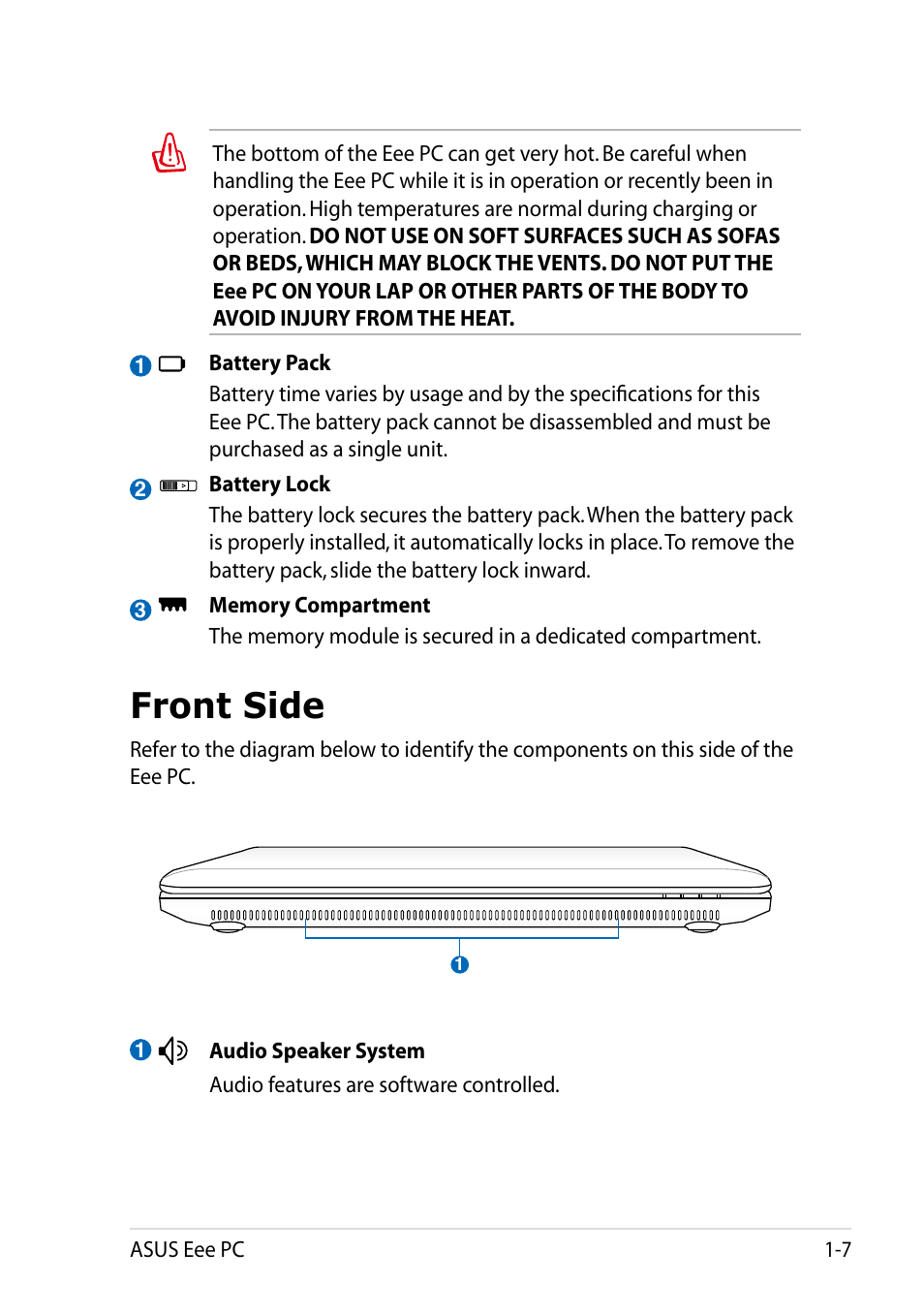 Front side, Front side -7 | Asus Eee PC 1011BX User Manual | Page 15 / 66