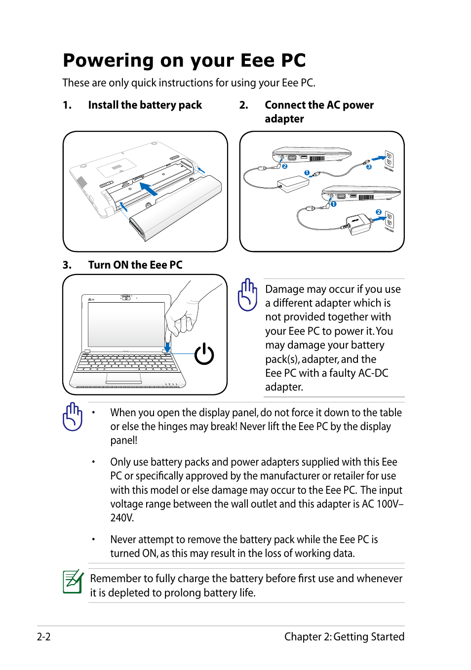 Powering on your eee pc, Powering on your eee pc -2 | Asus Eee PC 1011BX User Manual | Page 26 / 66