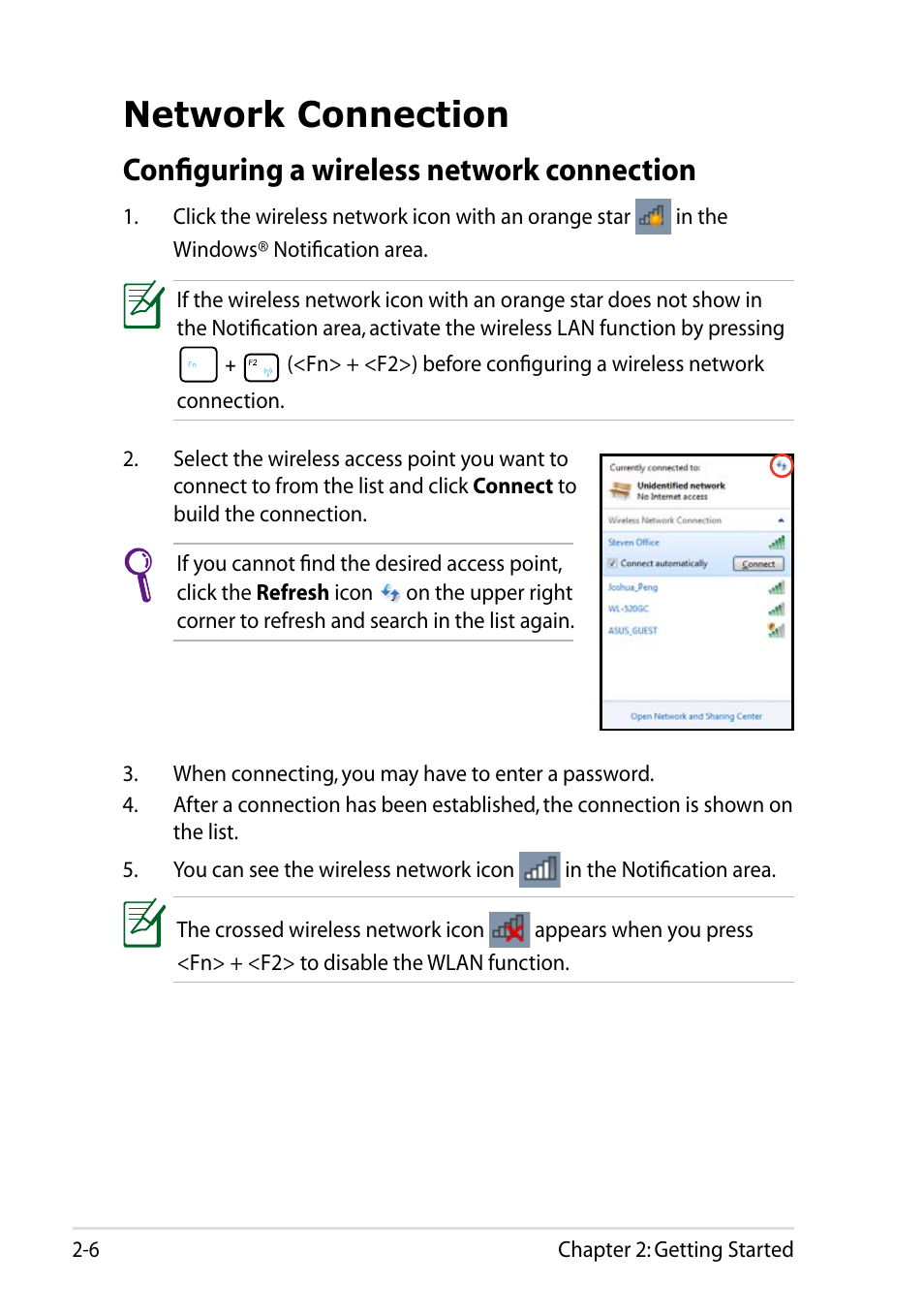 Network connection, Configuring a wireless network connection, Network connection -6 | Configuring a wireless network connection -6 | Asus Eee PC 1011BX User Manual | Page 30 / 66