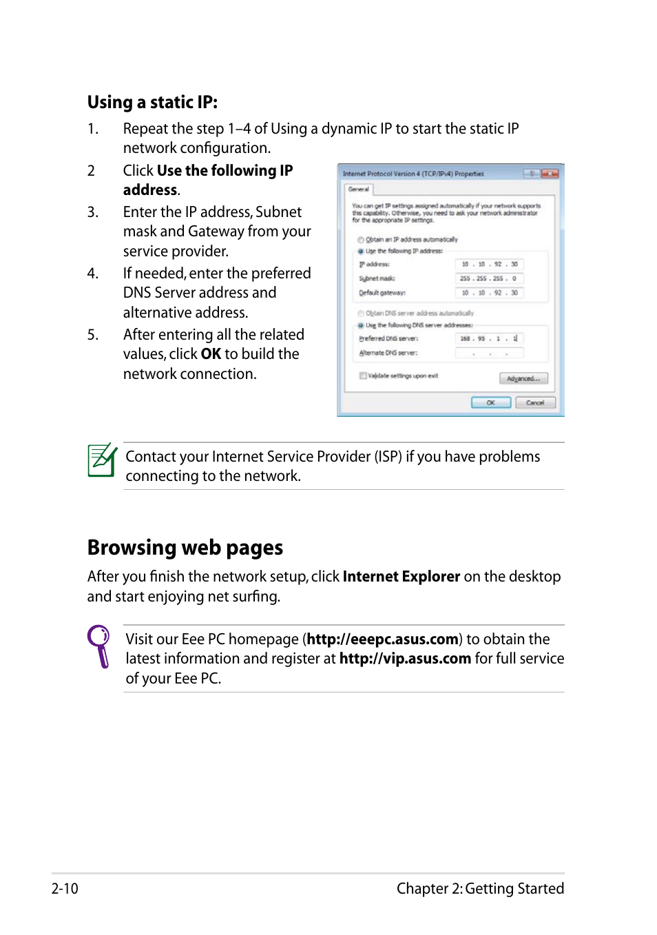 Browsing web pages | Asus Eee PC 1011BX User Manual | Page 34 / 66