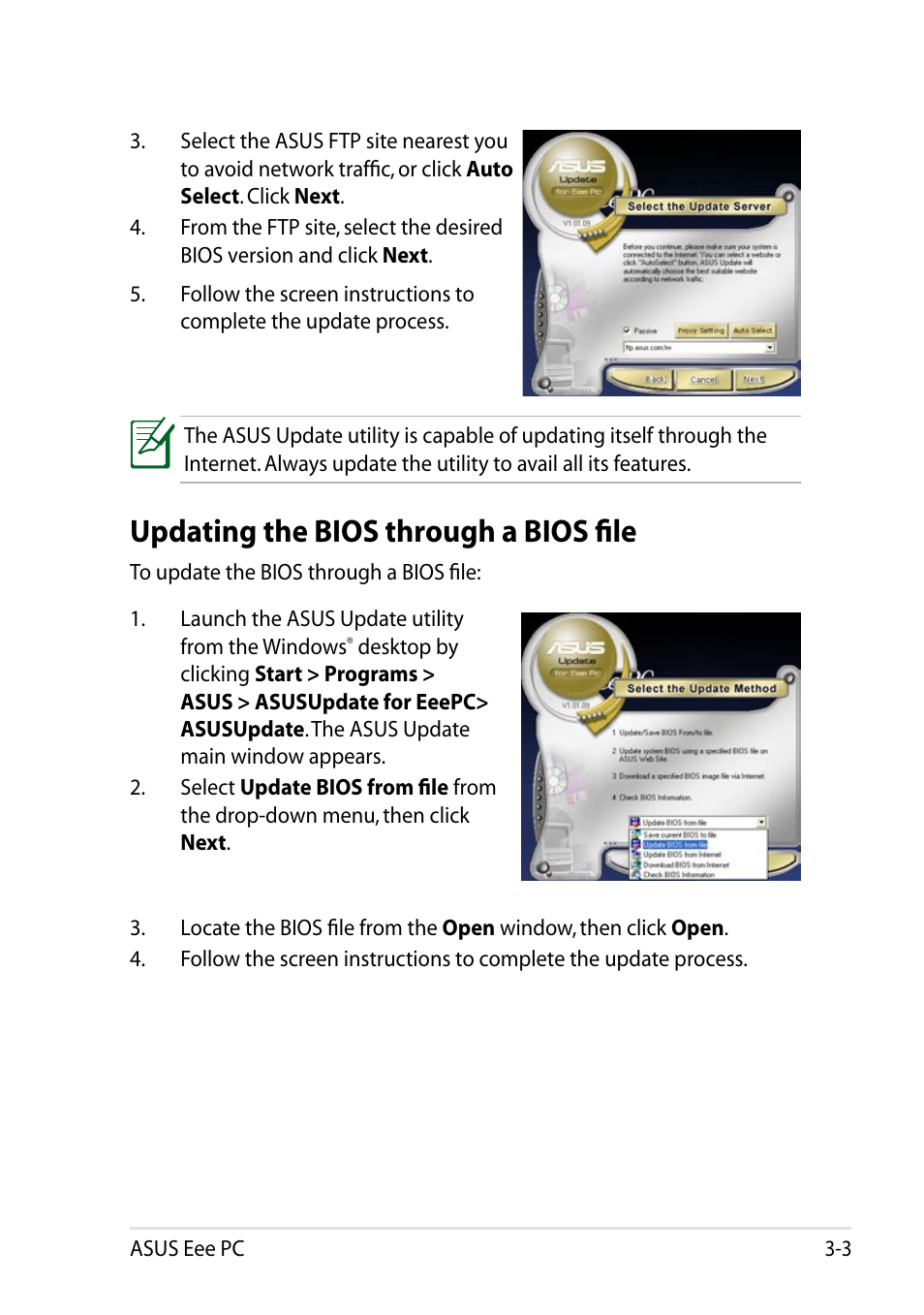 Updating the bios through a bios file, Updating the bios through a bios file -3 | Asus Eee PC 1011BX User Manual | Page 37 / 66