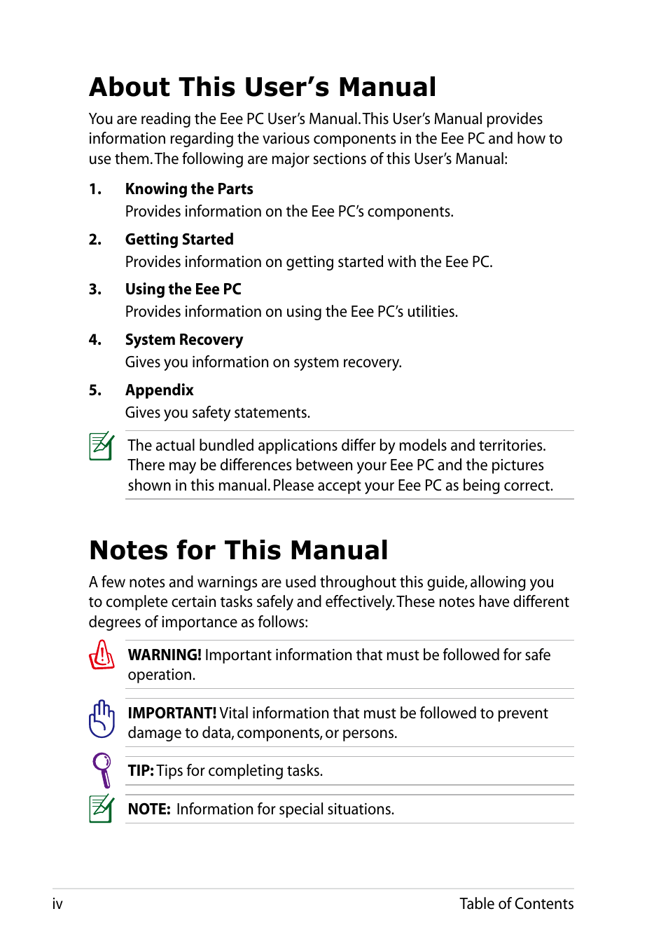 About this user’s manual, Notes for this manual | Asus Eee PC 1011BX User Manual | Page 4 / 66