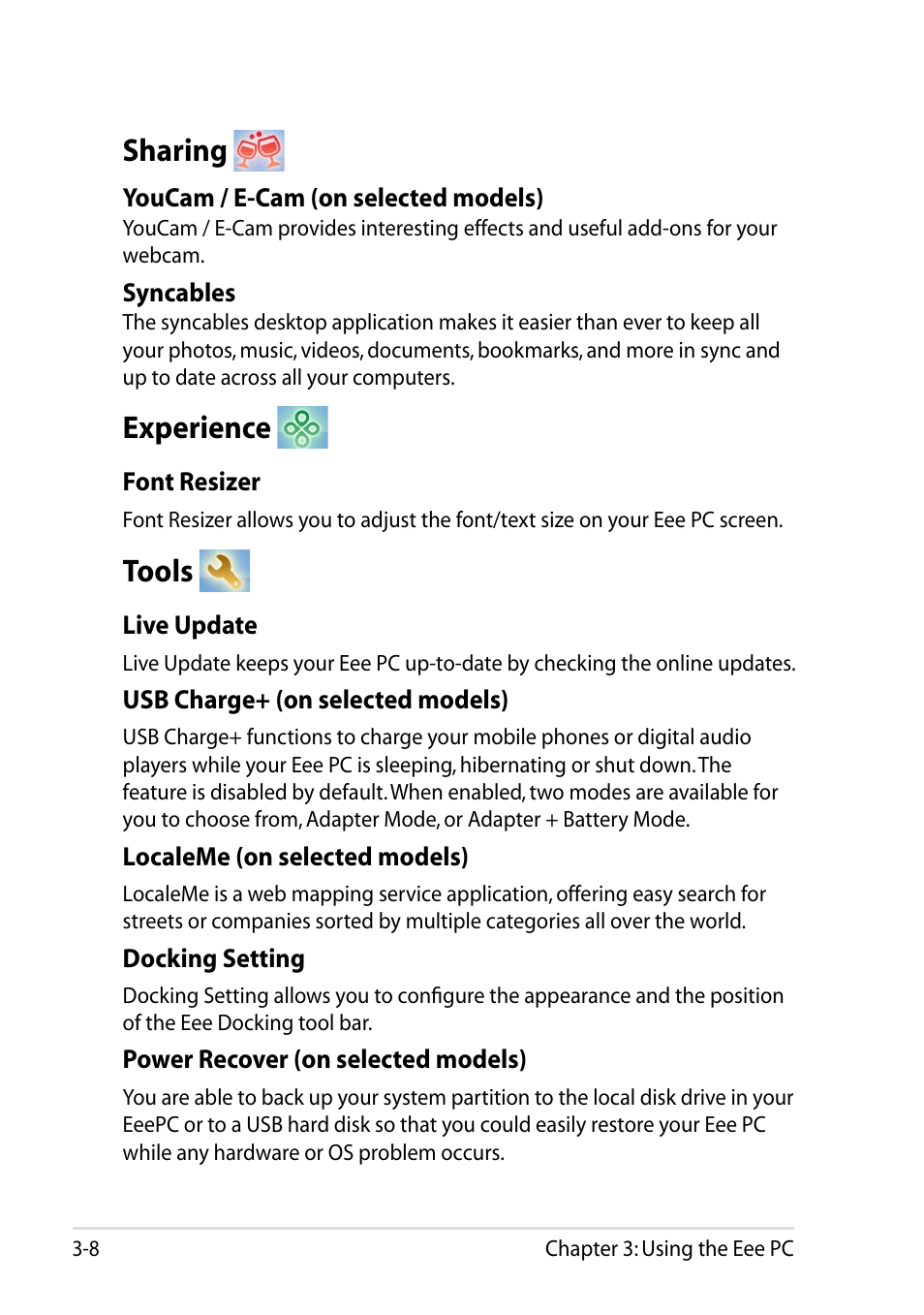 Sharing, Experience, Tools | Asus Eee PC 1011BX User Manual | Page 42 / 66