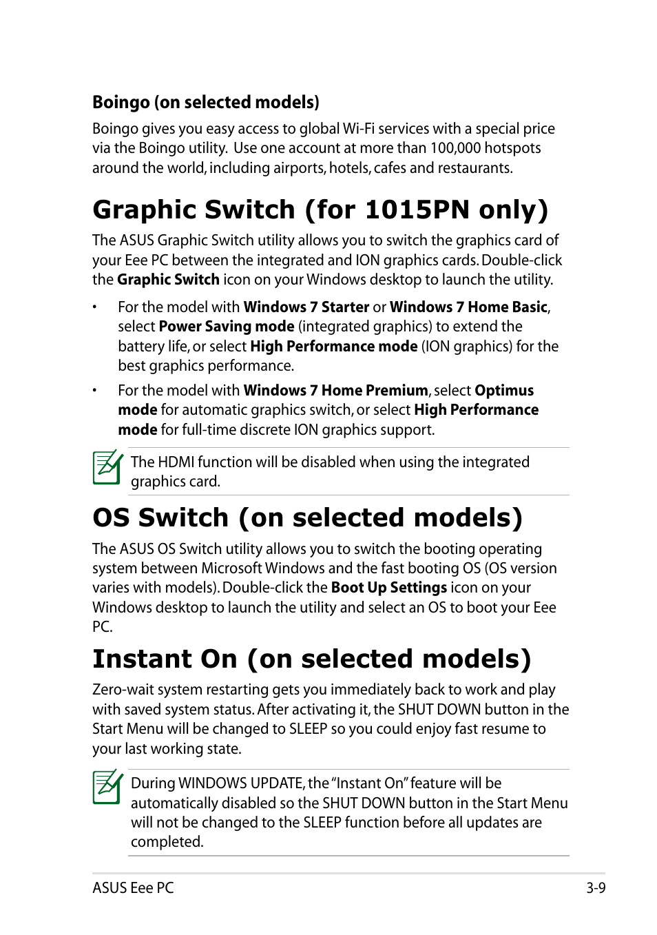 Graphic switch (for 1015pn only), Os switch (on selected models), Instant on (on selected models) | Asus Eee PC 1011BX User Manual | Page 43 / 66