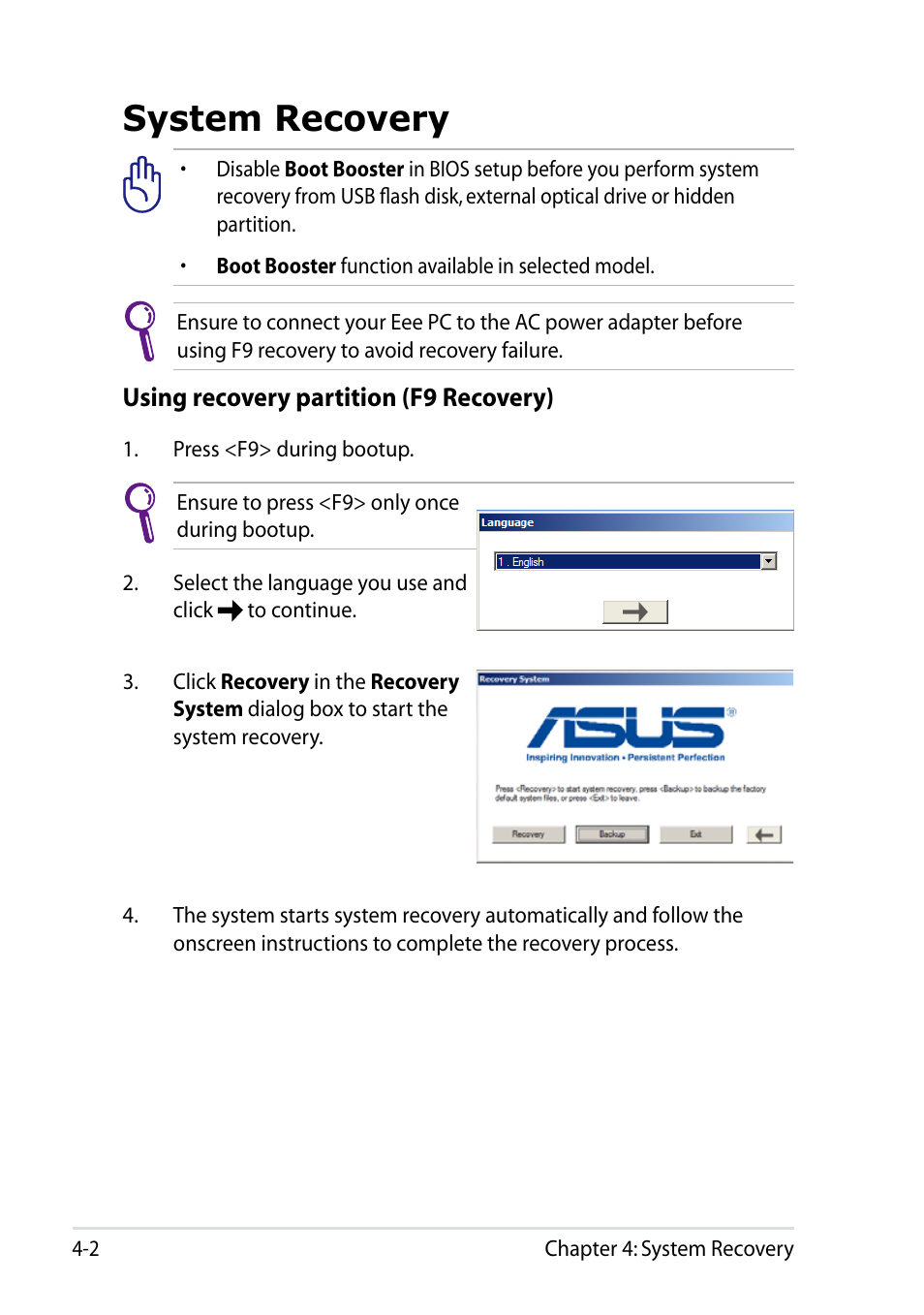 System recovery, System recovery -2 | Asus Eee PC 1011BX User Manual | Page 48 / 66