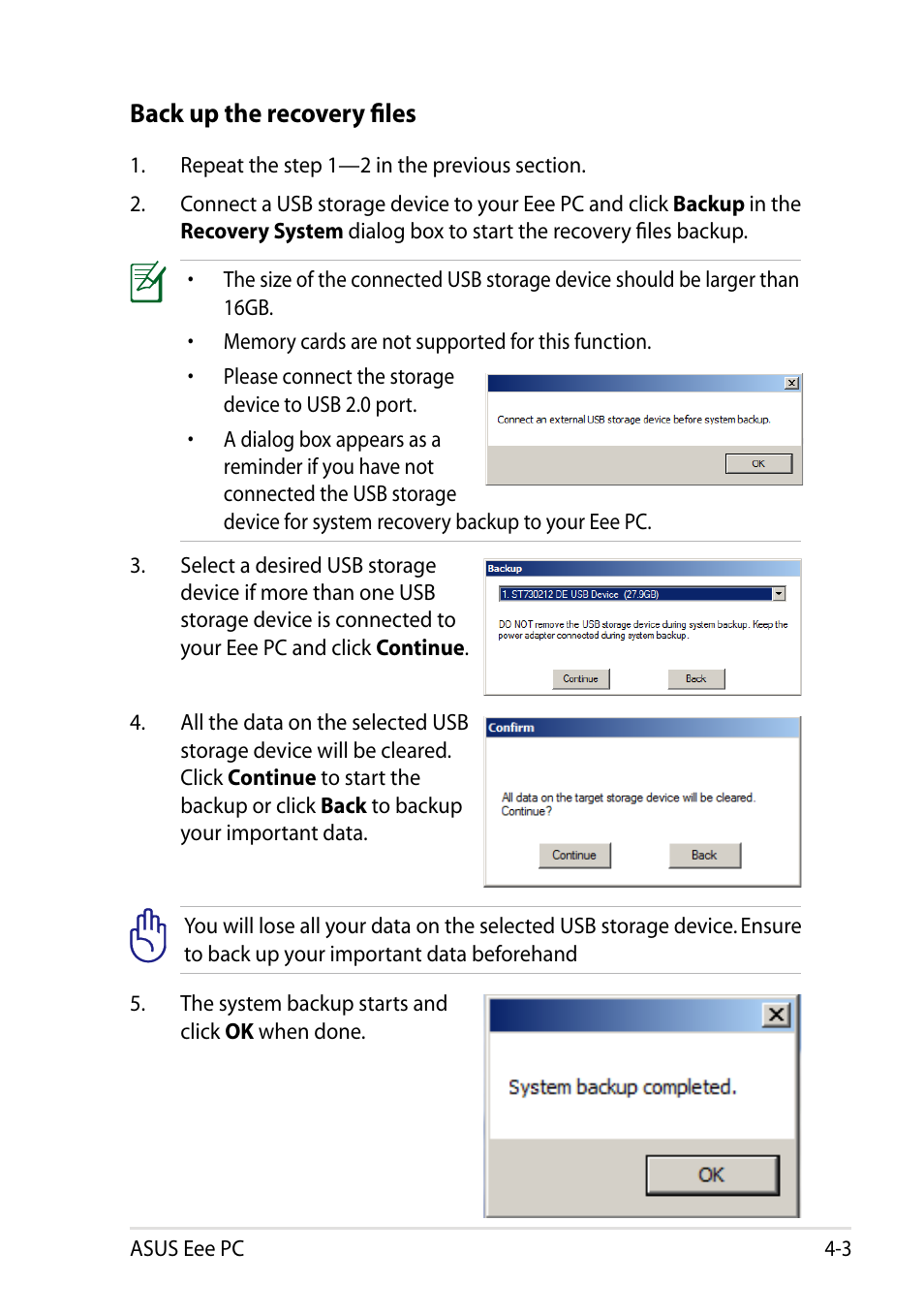 Back up the recovery files | Asus Eee PC 1011BX User Manual | Page 49 / 66