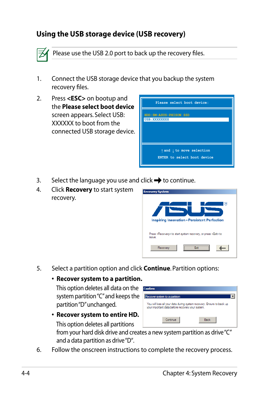 Using the usb storage device (usb recovery) | Asus Eee PC 1011BX User Manual | Page 50 / 66