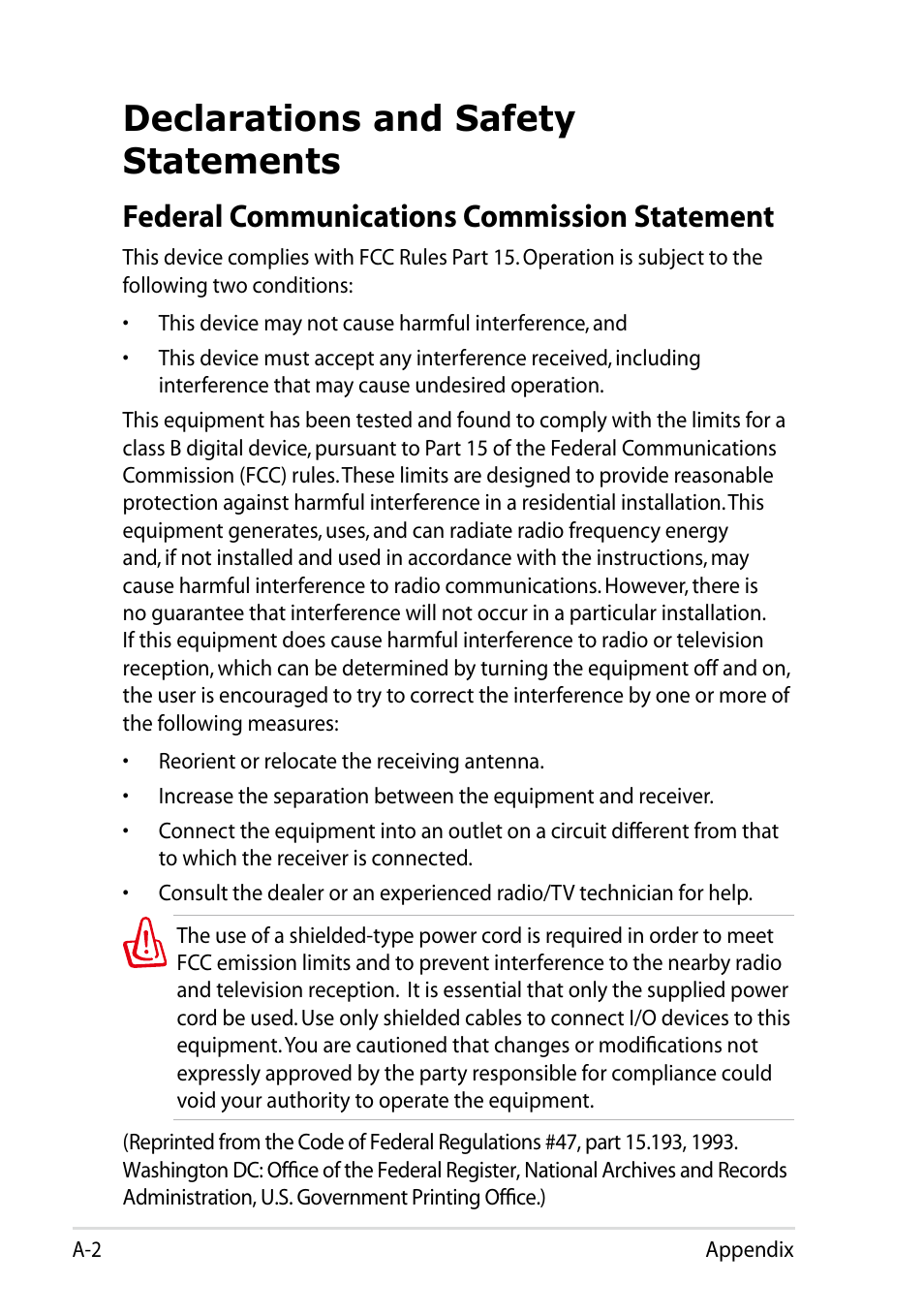 Declarations and safety statements, Federal communications commission statement | Asus Eee PC 1011BX User Manual | Page 54 / 66