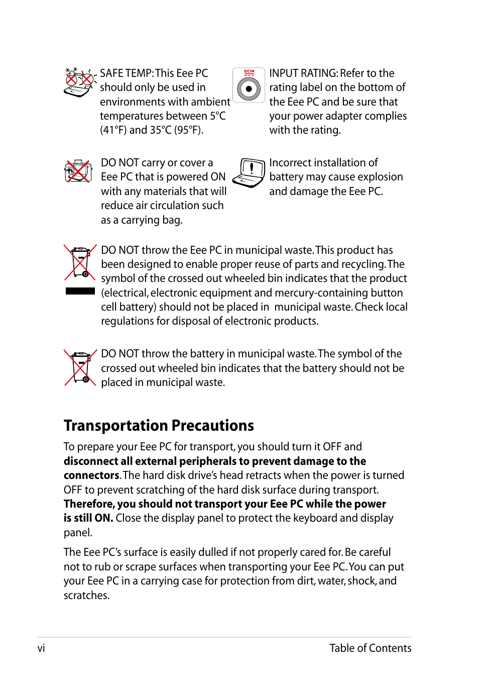 Transportation precautions | Asus Eee PC 1011BX User Manual | Page 6 / 66