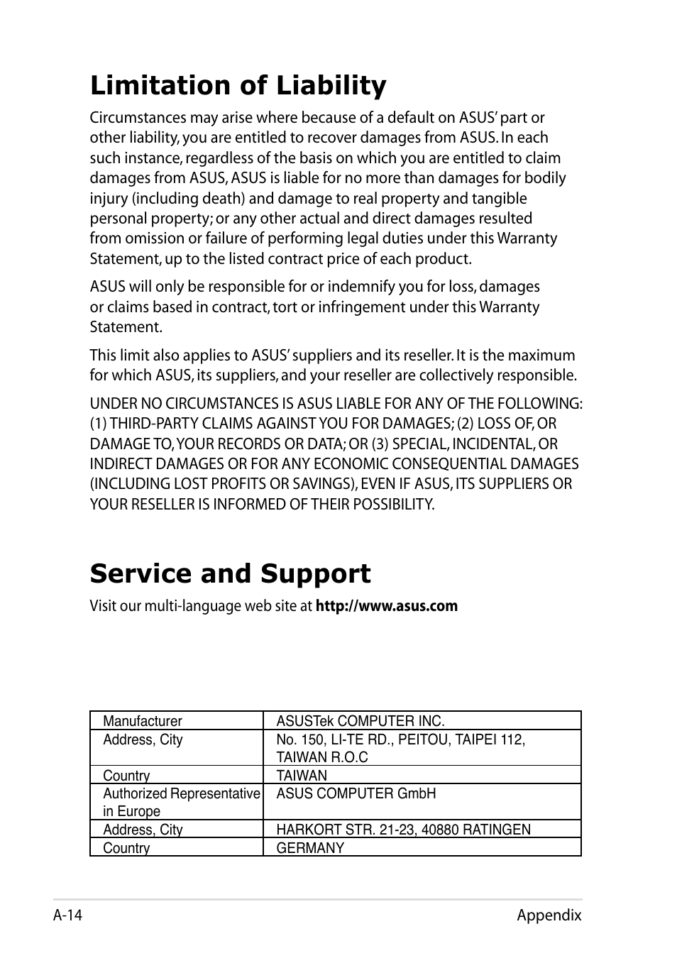 Limitation of liability, Service and support | Asus Eee PC 1011BX User Manual | Page 66 / 66