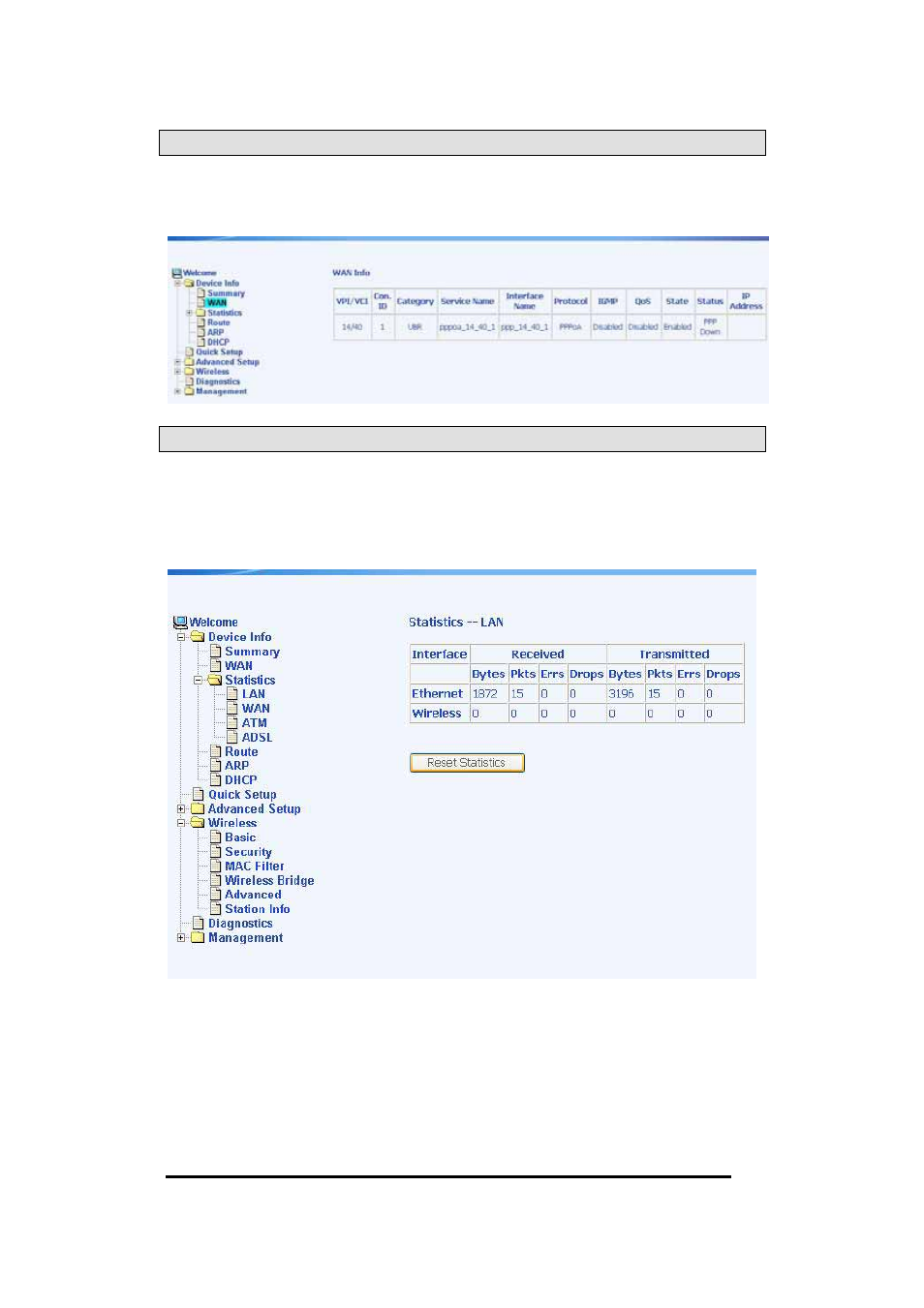 Statistics, Lan statistics | Asus AM604g User Manual | Page 14 / 59