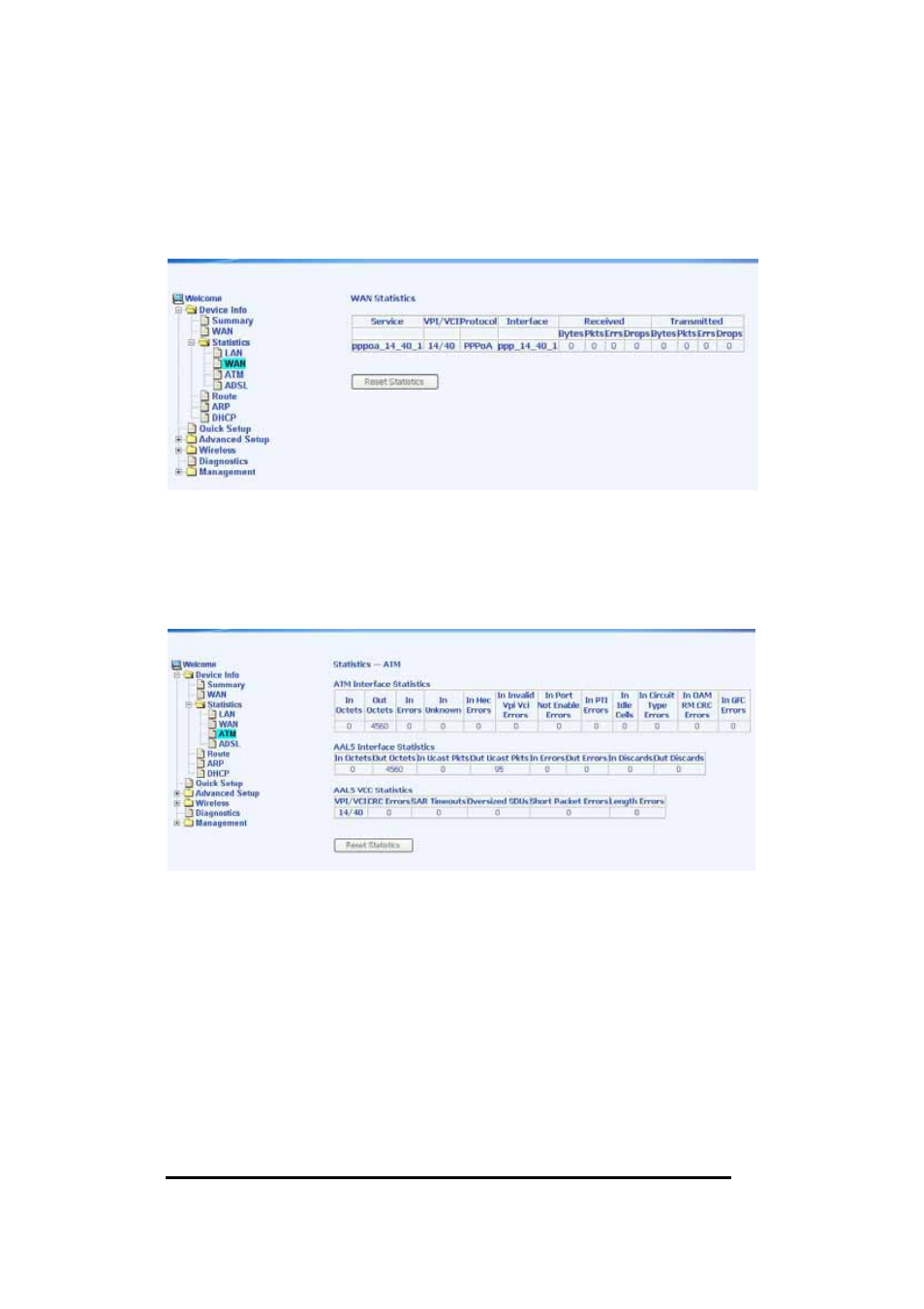 Wan statistics, Atm statistics | Asus AM604g User Manual | Page 15 / 59