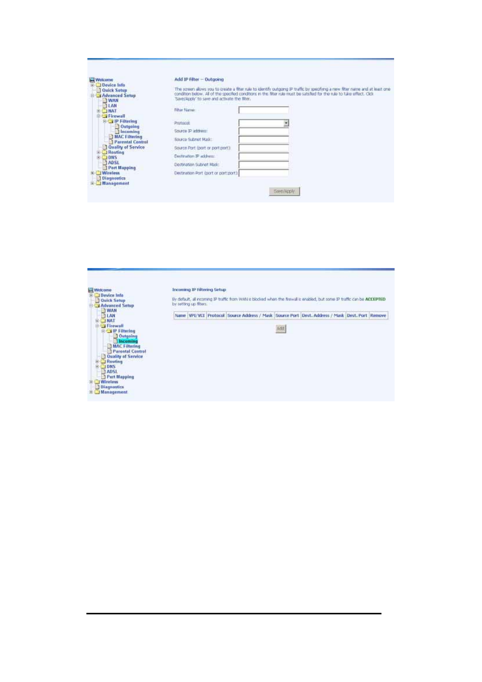 Ip filtering—incoming, Mac filtering | Asus AM604g User Manual | Page 32 / 59