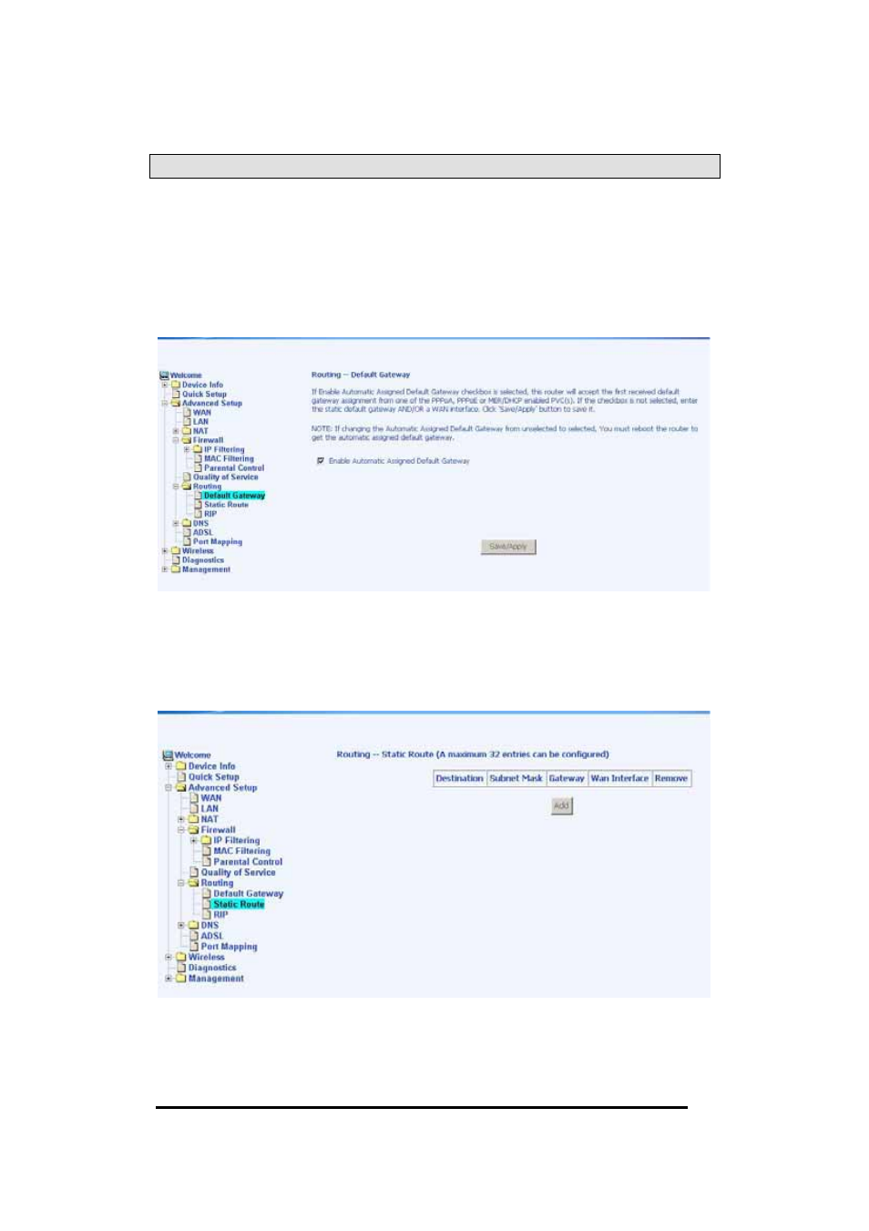 Routing, Default gateway, Static route | Asus AM604g User Manual | Page 36 / 59