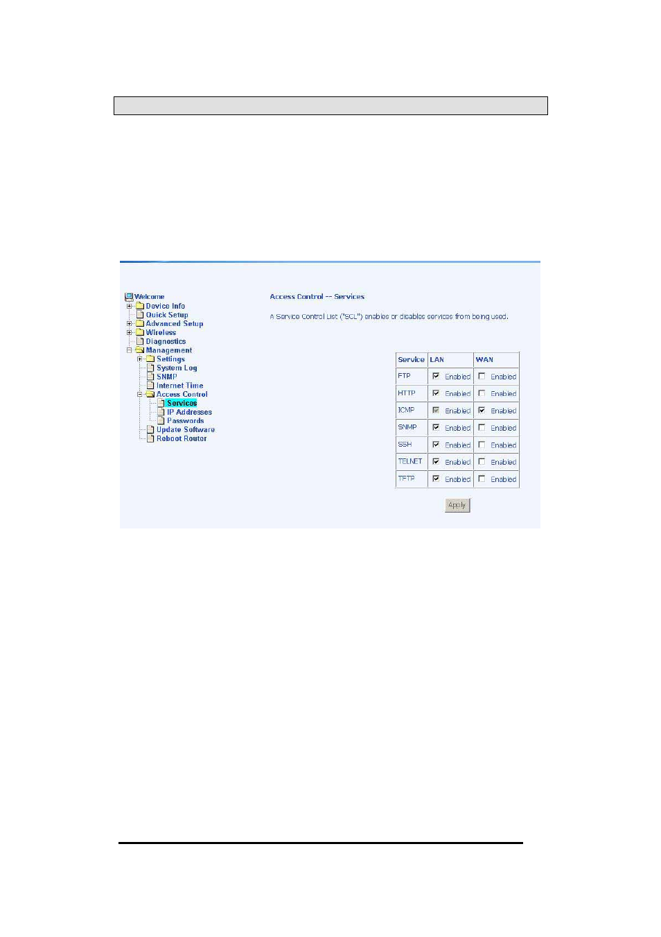 Access control, Services, Ip addresses | Asus AM604g User Manual | Page 57 / 59