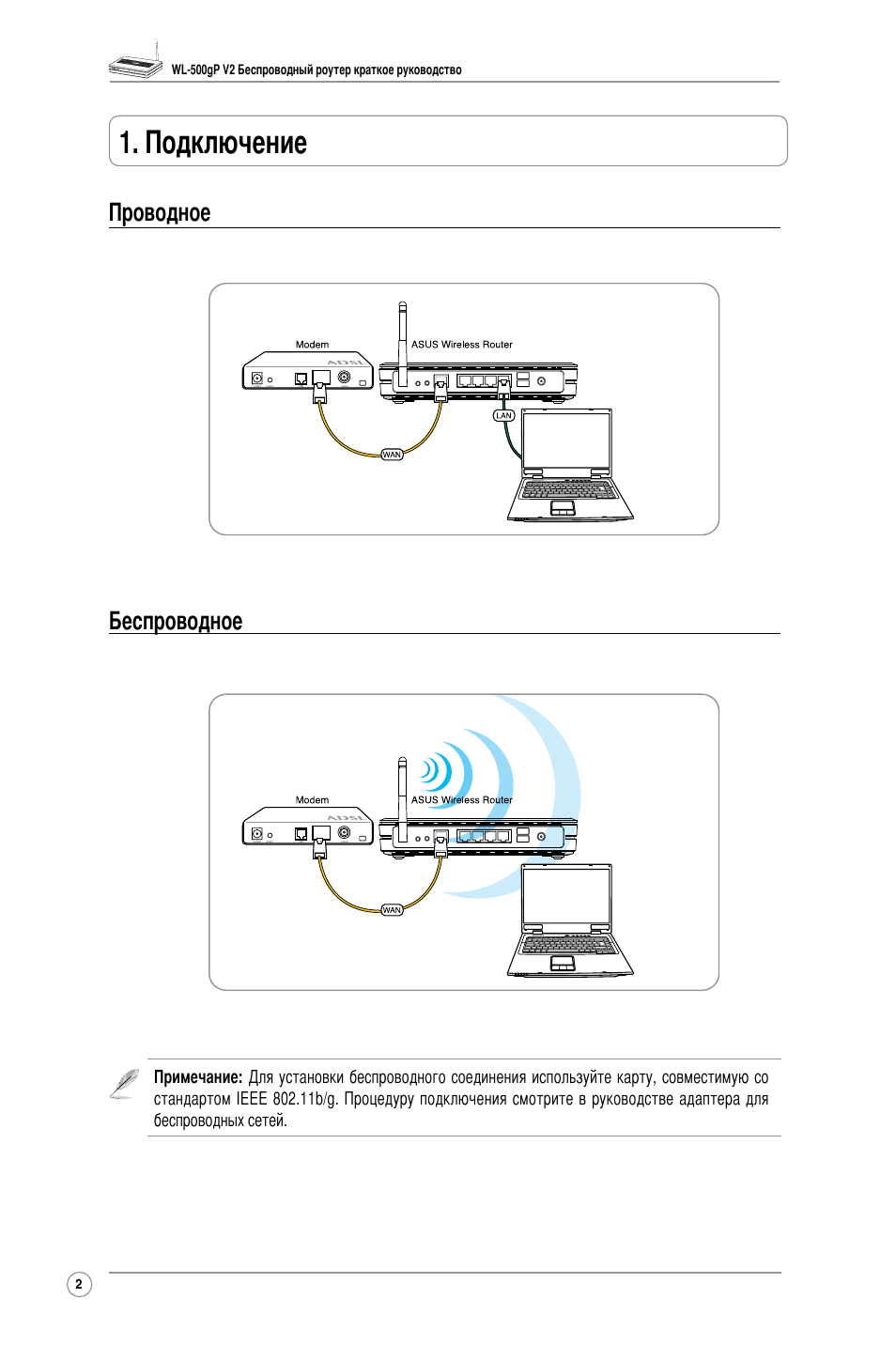 Подключение, Проводное беспроводное | Asus WL-500gP V2 User Manual | Page 3 / 11