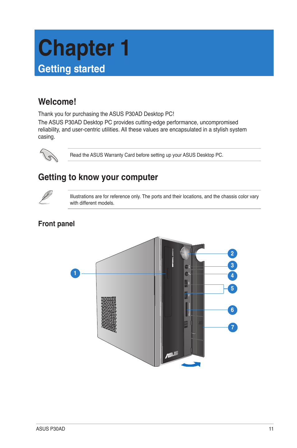 Chapter 1, Getting started, Welcome | Getting to know your computer, Welcome! getting to know your computer | Asus P30AD User Manual | Page 11 / 60