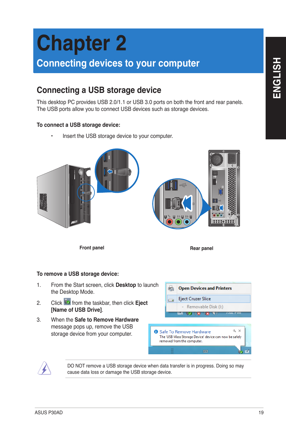 Chapter 2, Connecting devices to your computer, Connecting a usb storage device | En g lis h en g li sh | Asus P30AD User Manual | Page 19 / 60