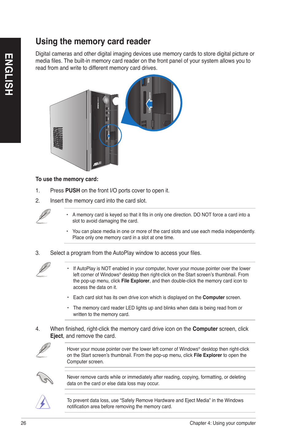 Using the memory card reader, En g lis h en g li sh en g lis h en g li sh | Asus P30AD User Manual | Page 26 / 60