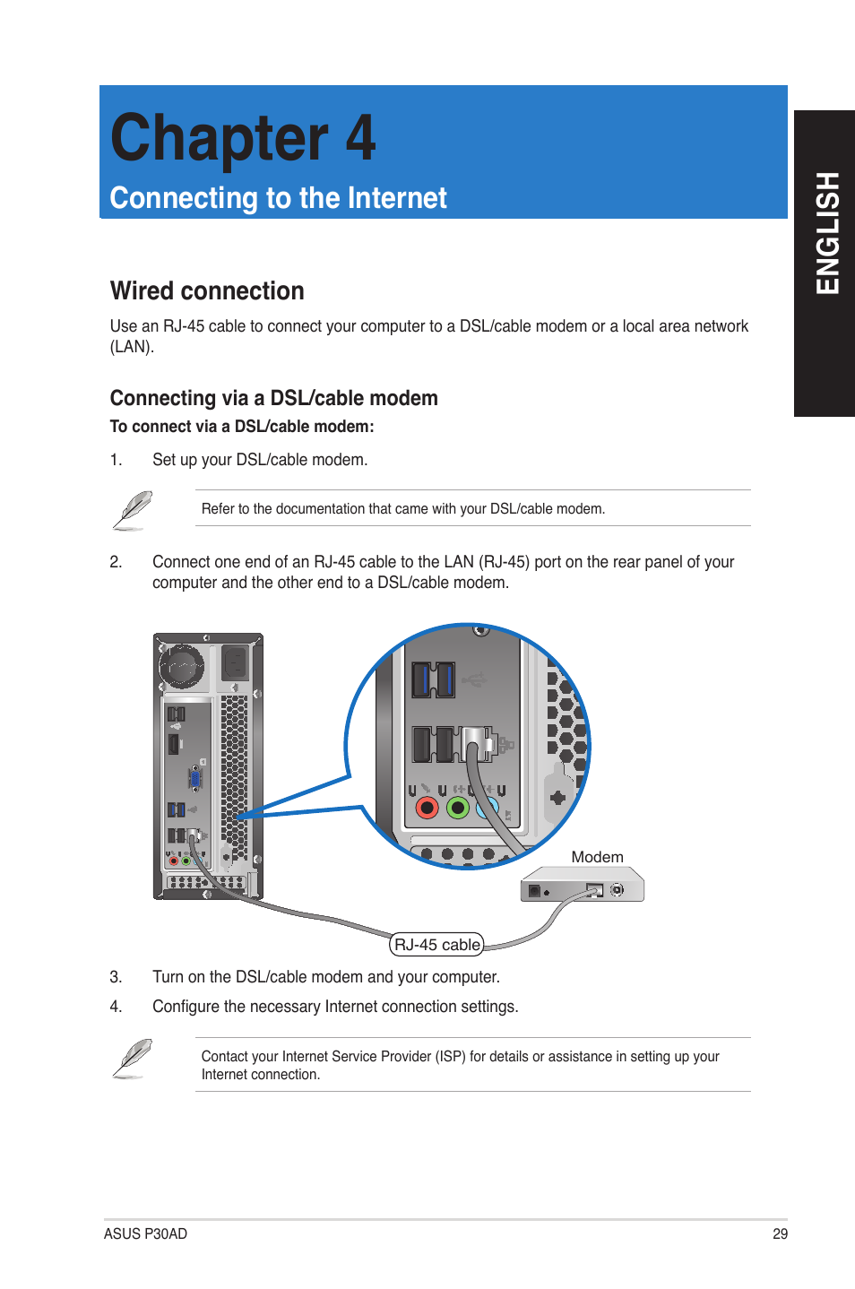 Chapter 4, Connecting to the internet, Wired connection | En g lis h en g li sh | Asus P30AD User Manual | Page 29 / 60