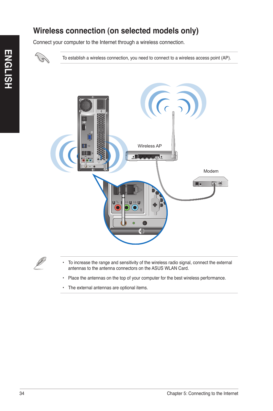 Wireless connection (on selected models only), En g lis h en g li sh en g lis h en g li sh | Asus P30AD User Manual | Page 34 / 60