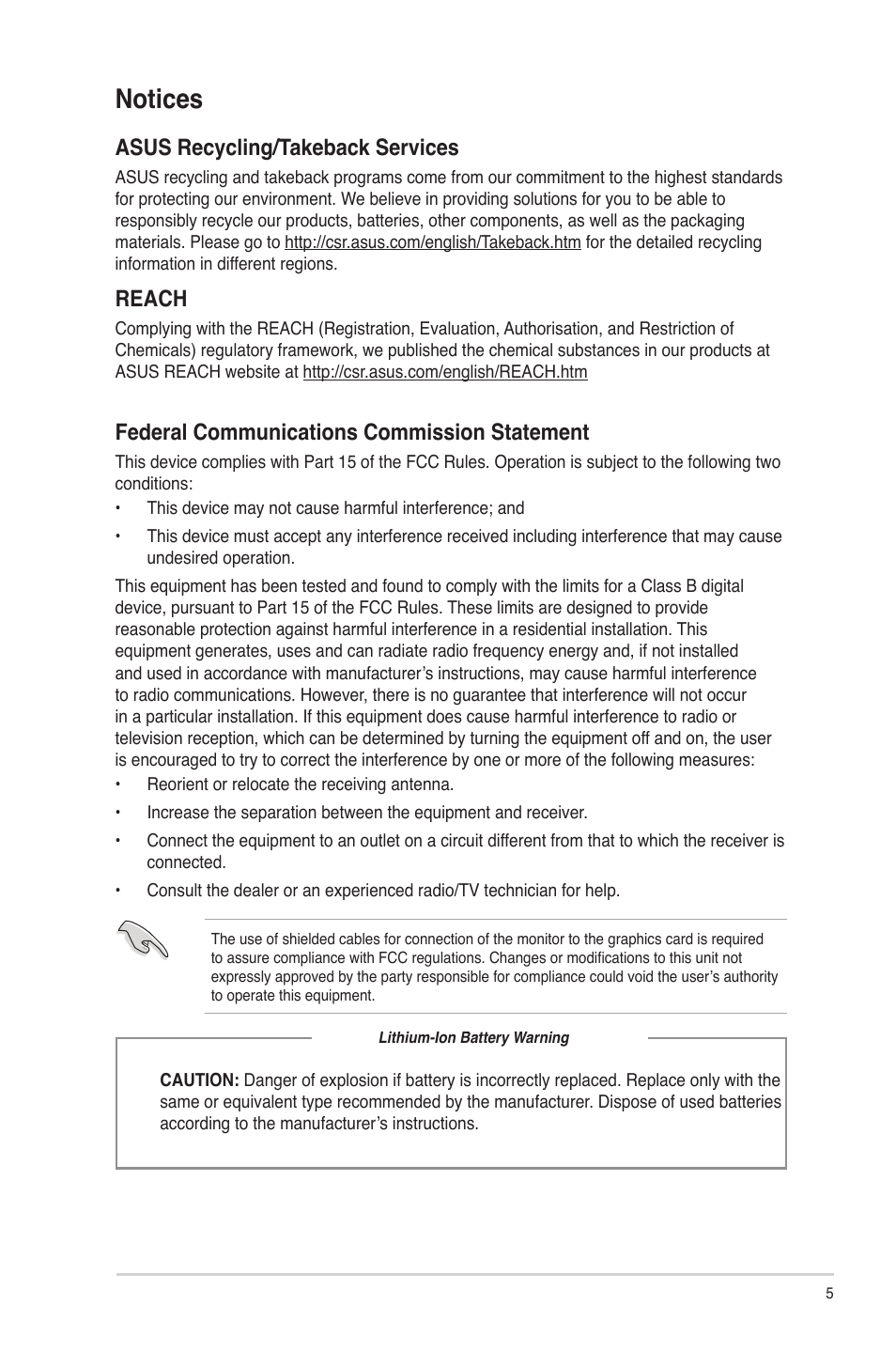 Notices, Asus recycling/takeback services, Reach | Federal communications commission statement | Asus P30AD User Manual | Page 5 / 60