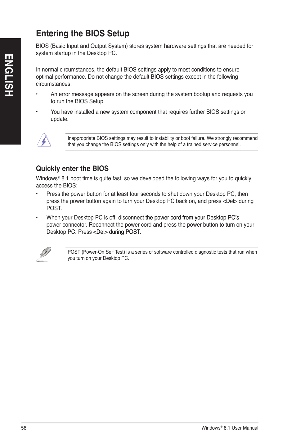 En g lis h en g li sh en g lis h en g li sh, Entering the bios setup | Asus P30AD User Manual | Page 56 / 60