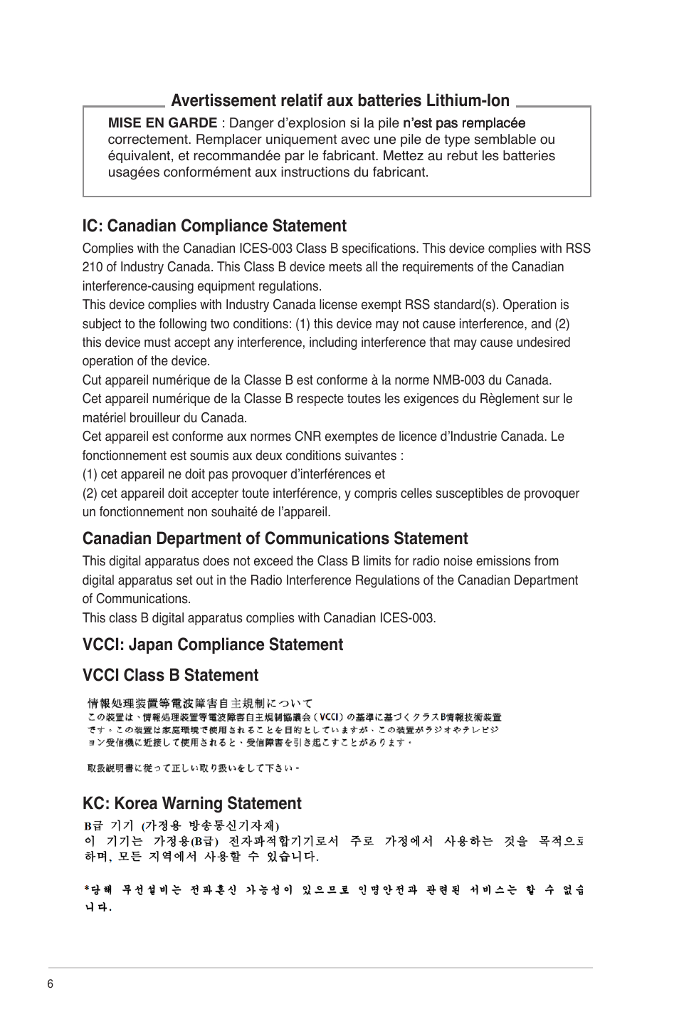 Ic: canadian compliance statement, Canadian department of communications statement | Asus P30AD User Manual | Page 6 / 60