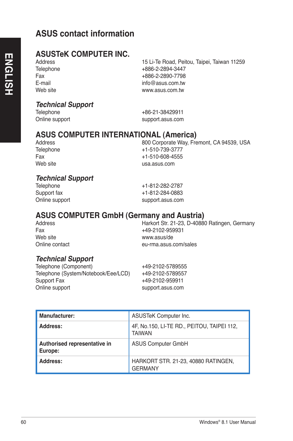 En g lis h en g li sh, Asus contact information, Asustek computer inc | Asus computer international (america), Asus computer gmbh (germany and austria), Technical support | Asus P30AD User Manual | Page 60 / 60