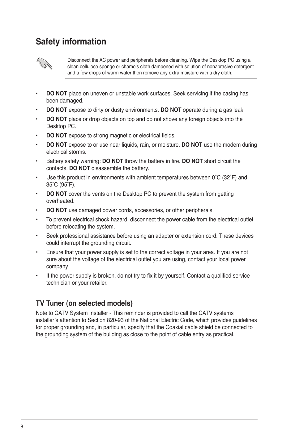 Safety information, Tv tuner (on selected models) | Asus P30AD User Manual | Page 8 / 60