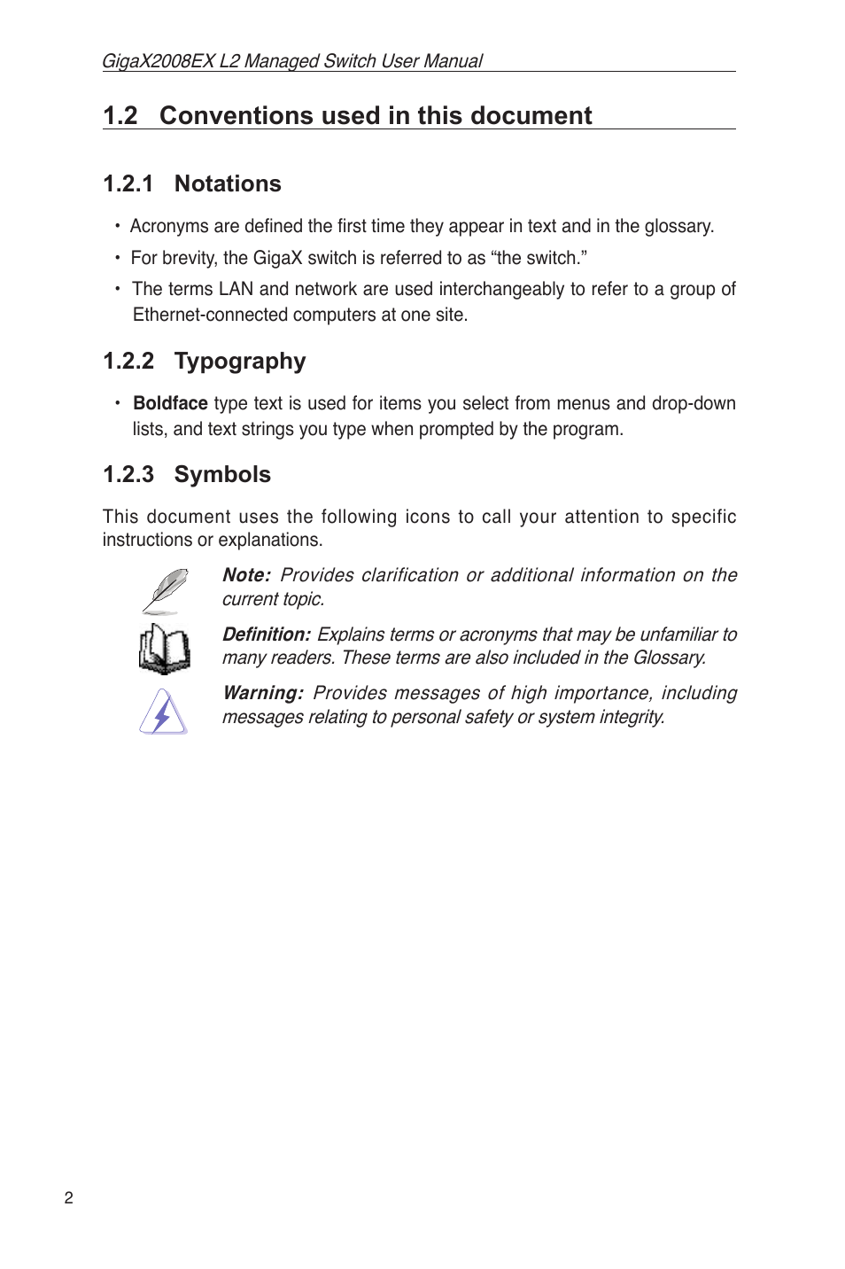 2 conventions used in this document, 1 notations, 2 typography | 3 symbols | Asus GigaX2008EX User Manual | Page 12 / 71