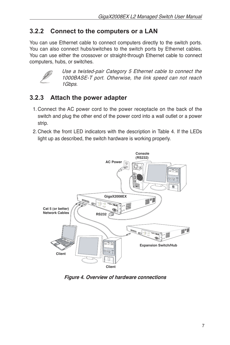 2 connect to the computers or a lan, 3 attach the power adapter, Figure 4. overview of hardware connections | Asus GigaX2008EX User Manual | Page 17 / 71