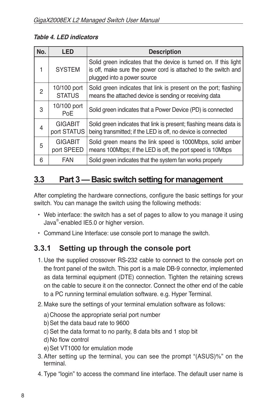 3 part 3 — basic switch setting for management, Figure 4. overview of hardware connections, Table 4. led indicators | 1 setting up through the console port | Asus GigaX2008EX User Manual | Page 18 / 71