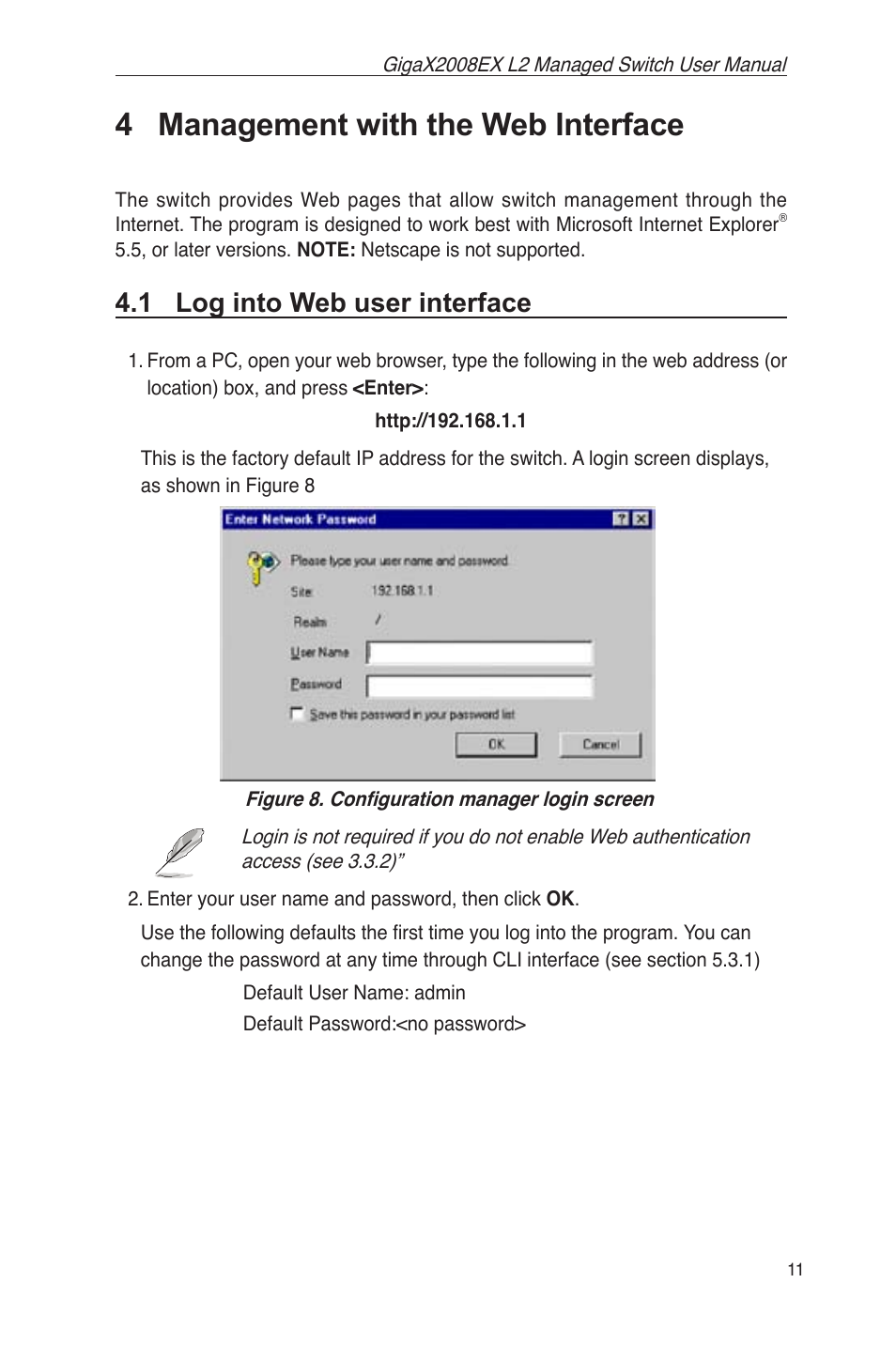 4 management with the web interface, 1 log into web user interface, Figure 8. conﬁguration manager login screen | Asus GigaX2008EX User Manual | Page 21 / 71