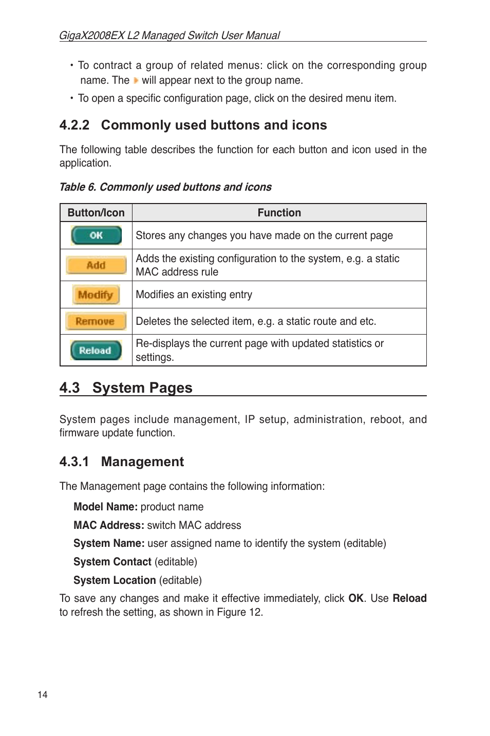 2 commonly used buttons and icons, 1 management, Table 6. commonly used buttons and icons | 3 system pages | Asus GigaX2008EX User Manual | Page 24 / 71