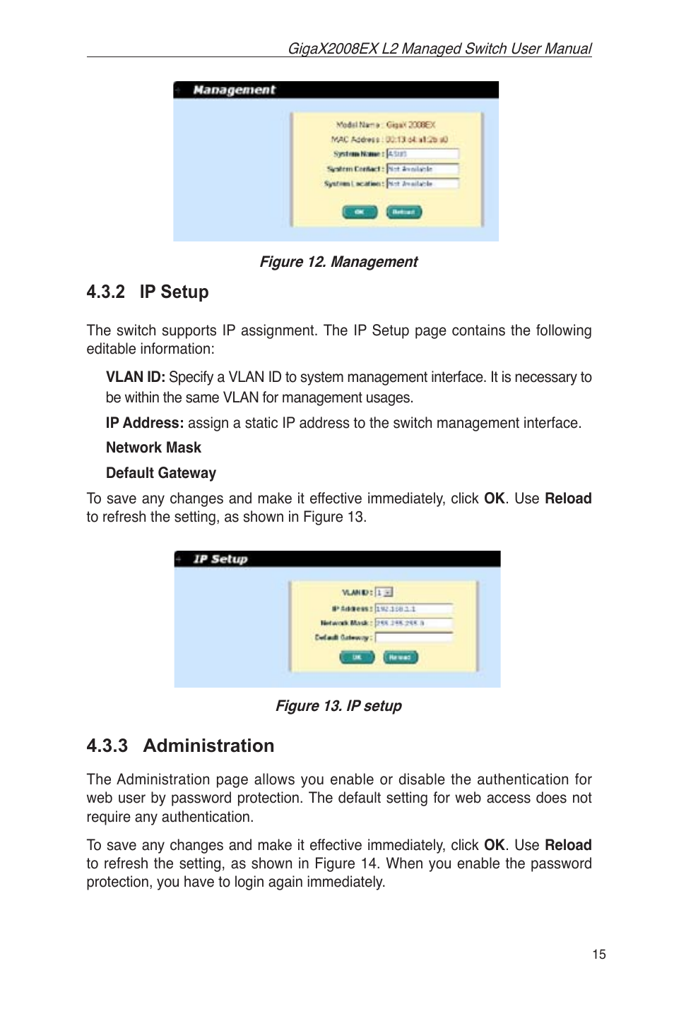 3 administration, Figure 12. management, Figure 13. ip setup | 2 ip setup | Asus GigaX2008EX User Manual | Page 25 / 71