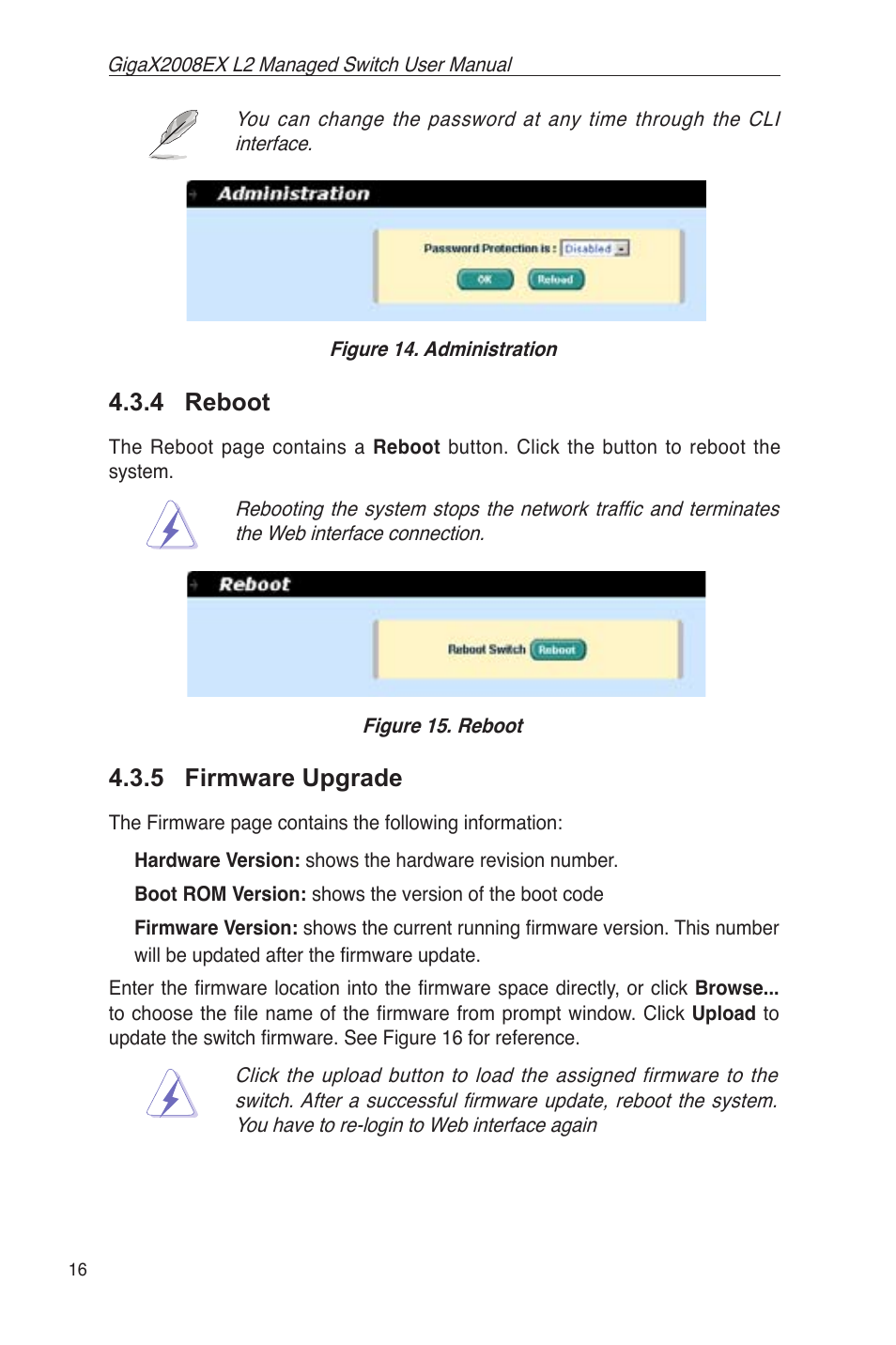 4 reboot, 5 firmware upgrade, Figure 14. administration | Figure 15. reboot | Asus GigaX2008EX User Manual | Page 26 / 71