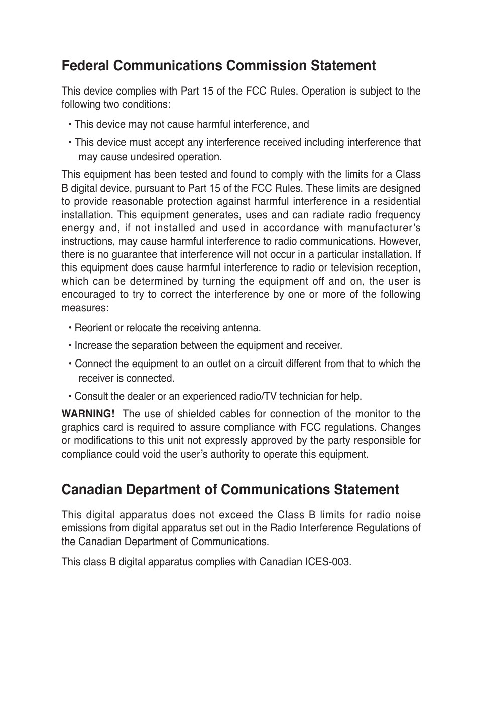 Federal communications commission statement, Canadian department of communications statement | Asus GigaX2008EX User Manual | Page 3 / 71