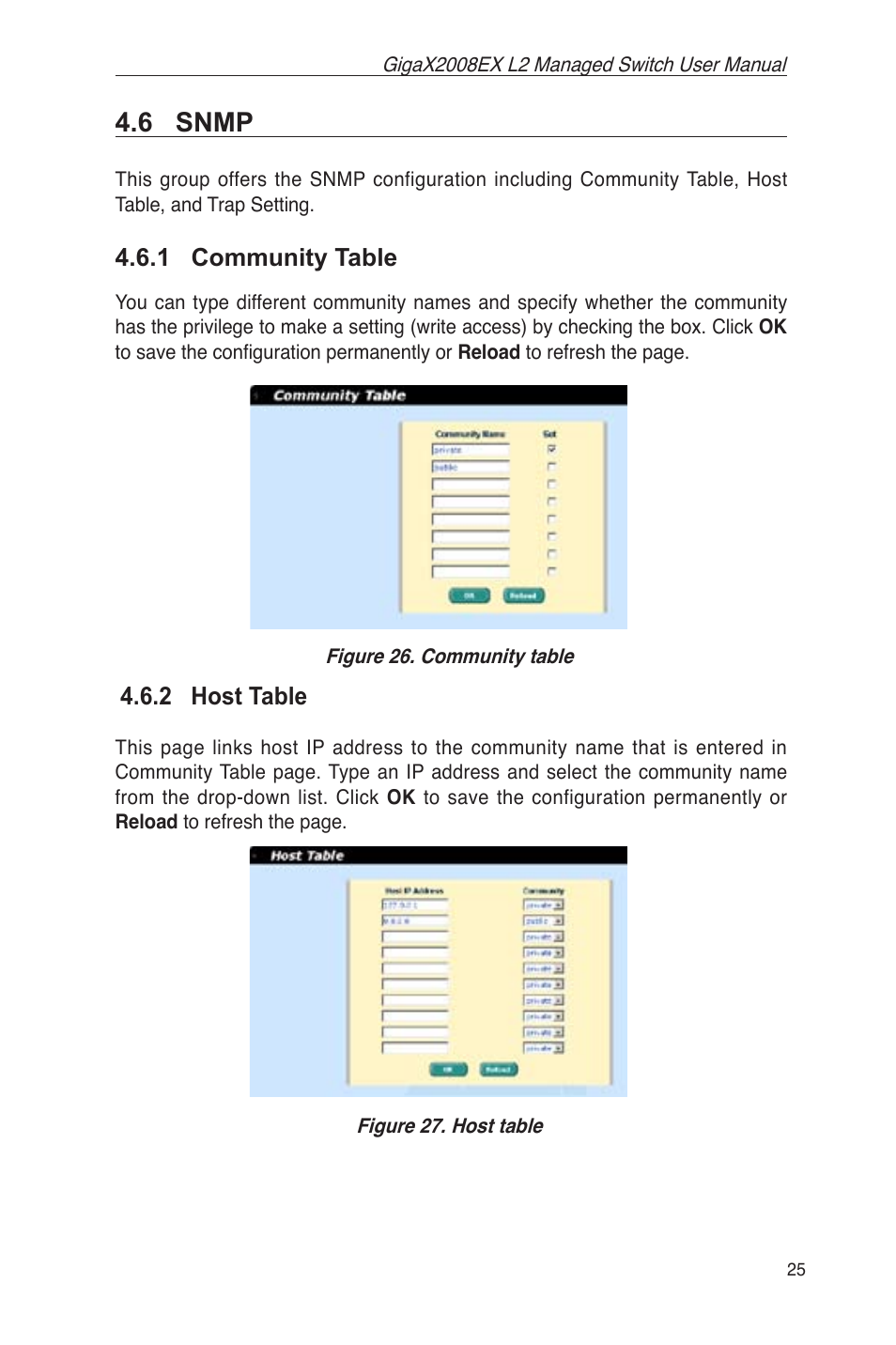 6 snmp, 1 community table, Figure 26. community table | Figure 27. host table, 2 host table | Asus GigaX2008EX User Manual | Page 35 / 71