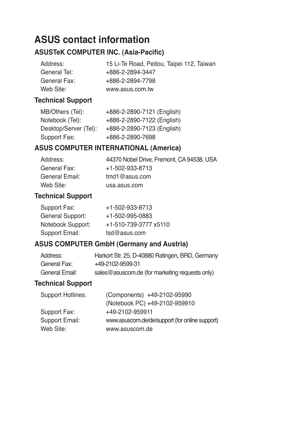 Asus contact information | Asus GigaX2008EX User Manual | Page 4 / 71