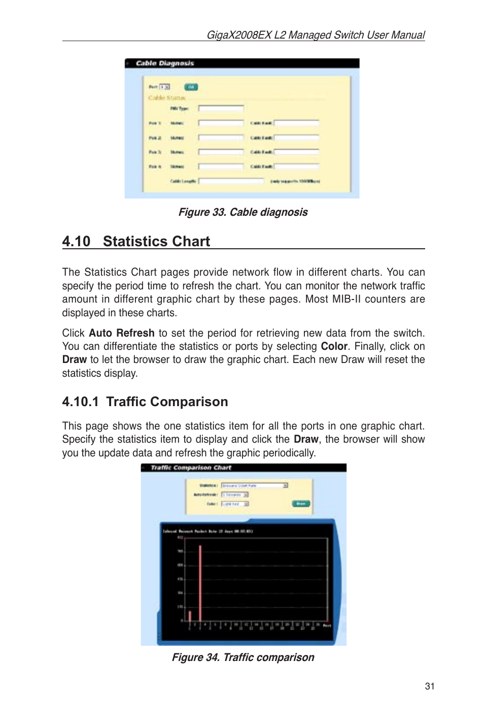 10 statistics chart, 1 trafﬁc comparison, Figure 33. cable diagnosis | Figure 34. trafﬁc comparison | Asus GigaX2008EX User Manual | Page 41 / 71