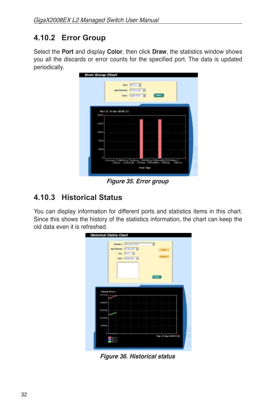 2 error group, 3 historical status, Figure 35. error group | Figure 36. historical status | Asus GigaX2008EX User Manual | Page 42 / 71