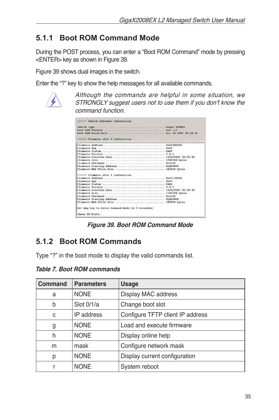 1 boot rom command mode, 2 boot rom commands, Figure 39. boot rom command mode | Table 7. boot rom commands | Asus GigaX2008EX User Manual | Page 45 / 71