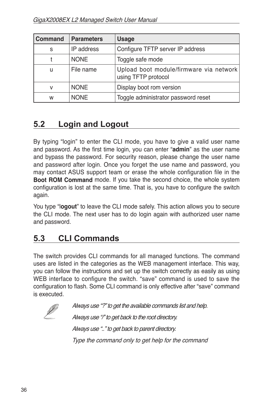 2 login and logout, 3 cli commands | Asus GigaX2008EX User Manual | Page 46 / 71